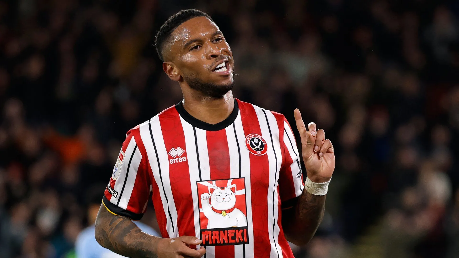 Tiền đạo Tyrese Campbell của Sheffield United ăn mừng bàn thắng tại Championship