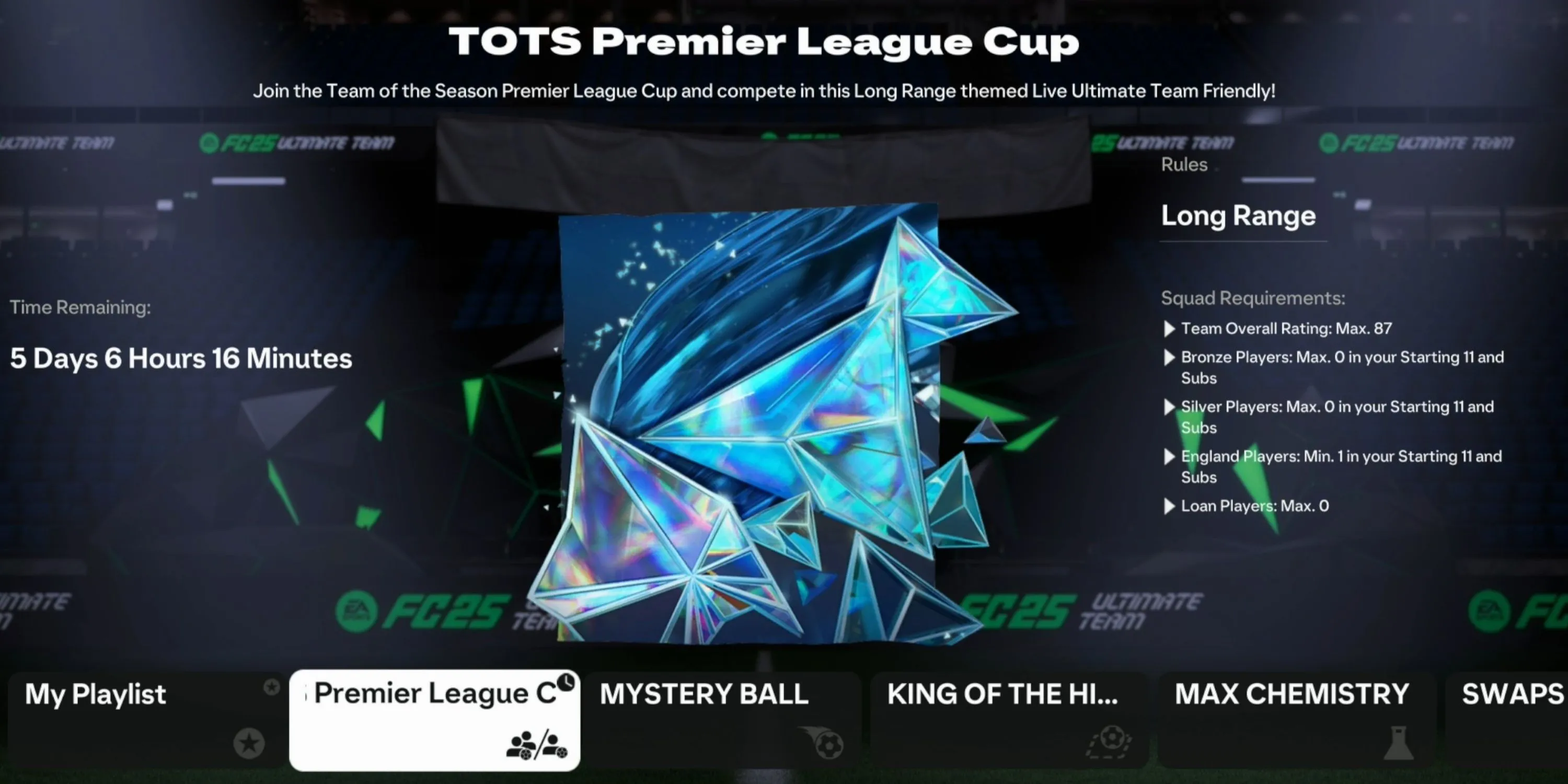 Giao diện chính của TOTS Premier League Cup trong EA FC 25 hiển thị các yêu cầu đội hình