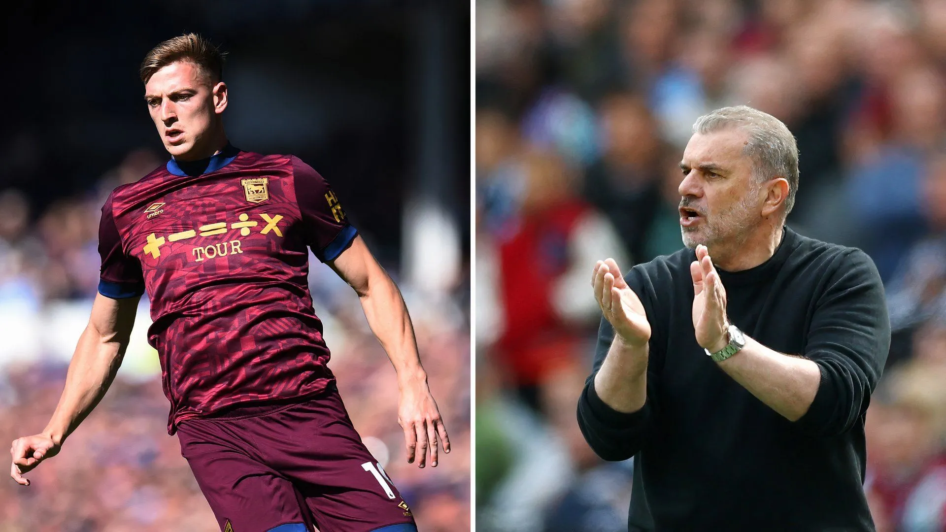 Liam Delap của Ipswich Town và HLV Ange Postecoglou của Tottenham Hotspur trong một hình ảnh ghép, minh họa cho tin đồn chuyển nhượng.