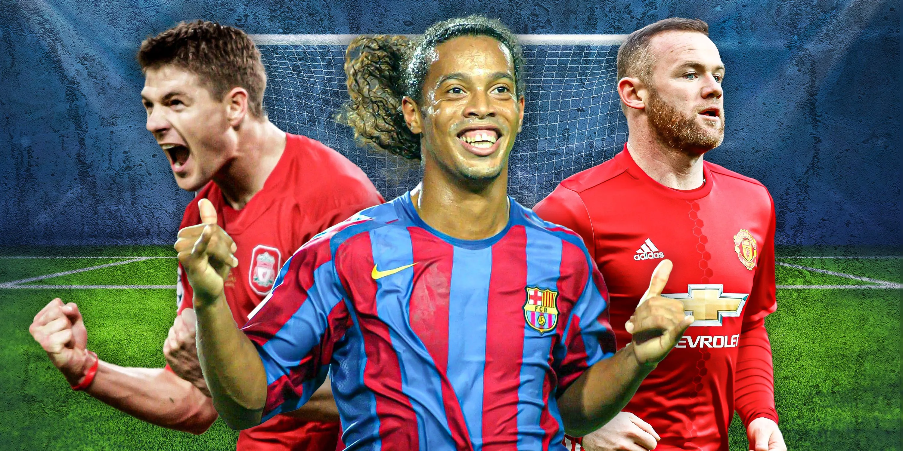Ronaldinho chụp ảnh cùng Steven Gerrard và Wayne Rooney trong một sự kiện bóng đá