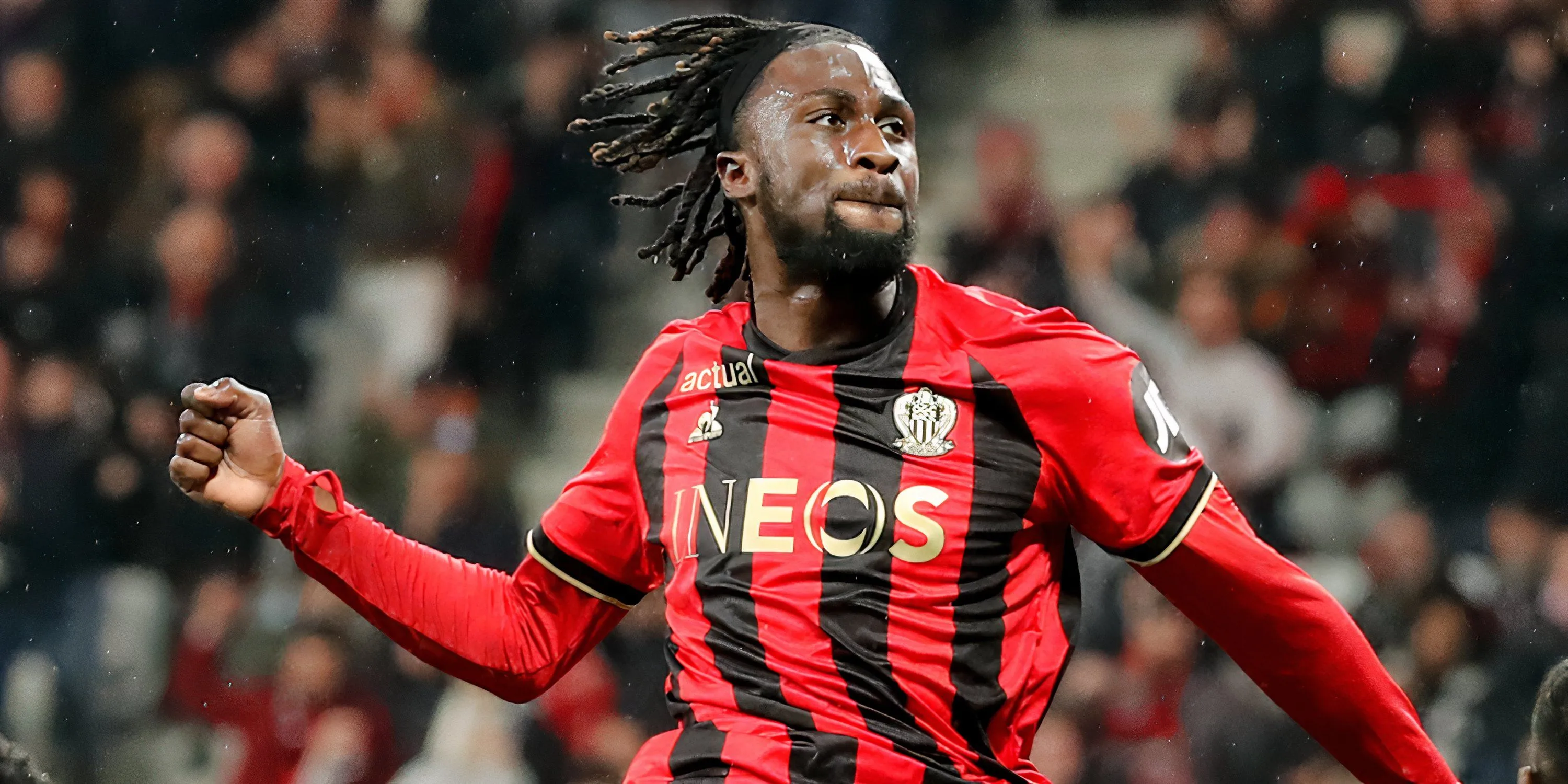 Evann Guessand ăn mừng bàn thắng trong màu áo Nice, cầu thủ được Crystal Palace săn đón