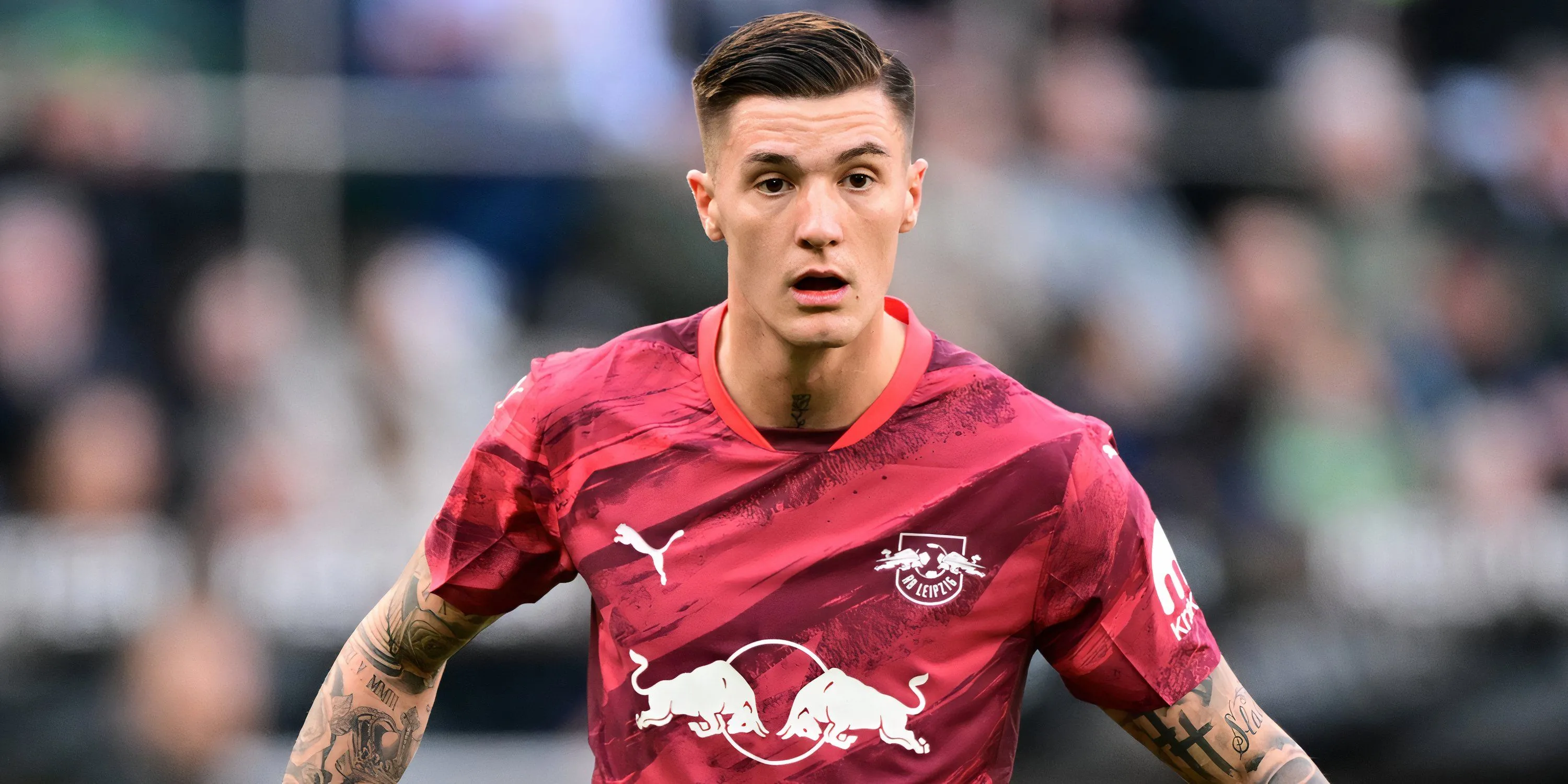 Benjamin Sesko trong màu áo RB Leipzig, cầu thủ được MU quan tâm