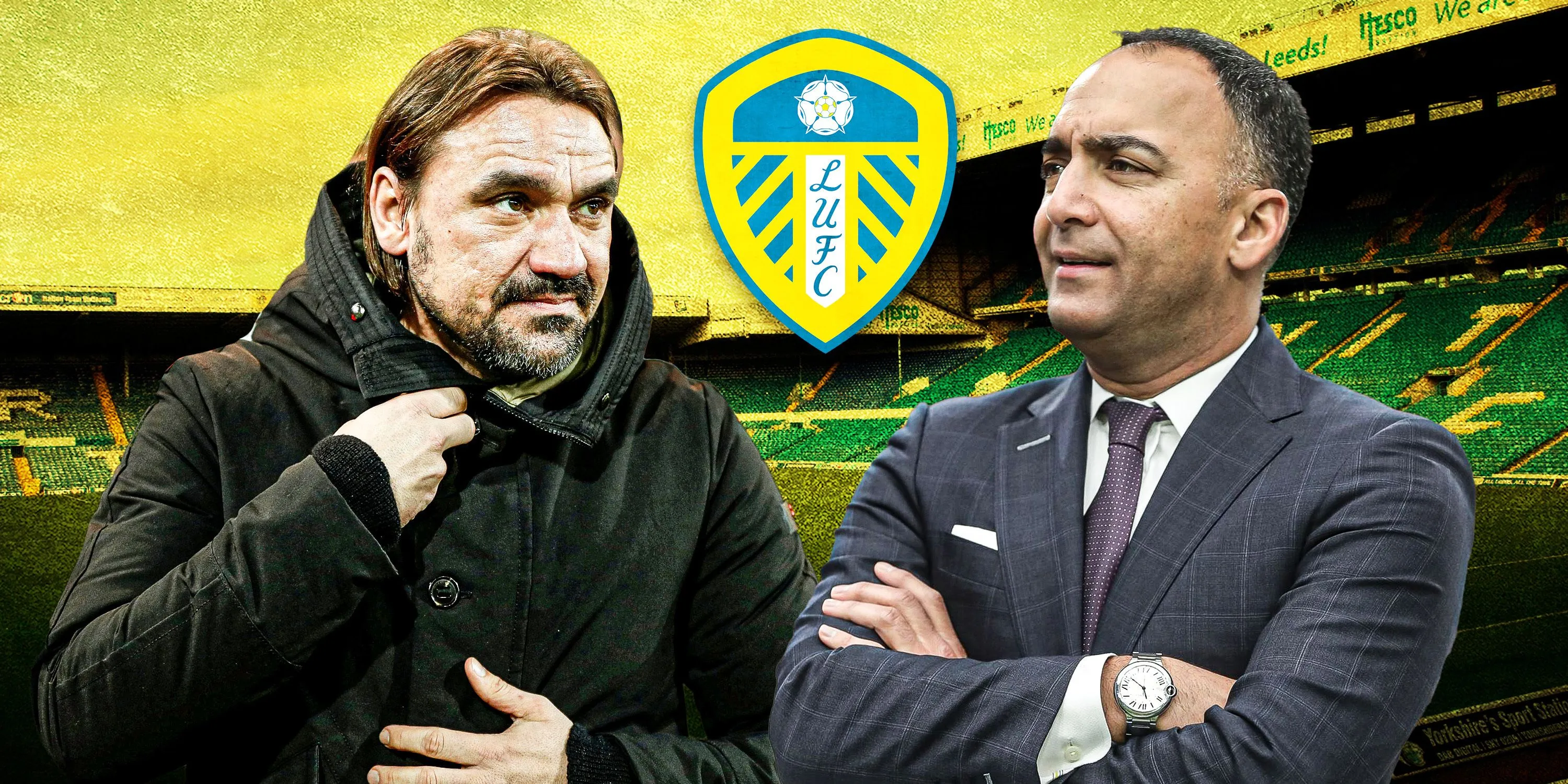 Huấn luyện viên Daniel Farke và Chủ tịch Paraag Marathe của Leeds United thảo luận chiến lược chuyển nhượng tại Elland Road.