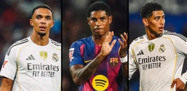 Ba cầu thủ người Anh Marcus Rashford, Jude Bellingham và Trent Alexander-Arnold trước trận El Clasico