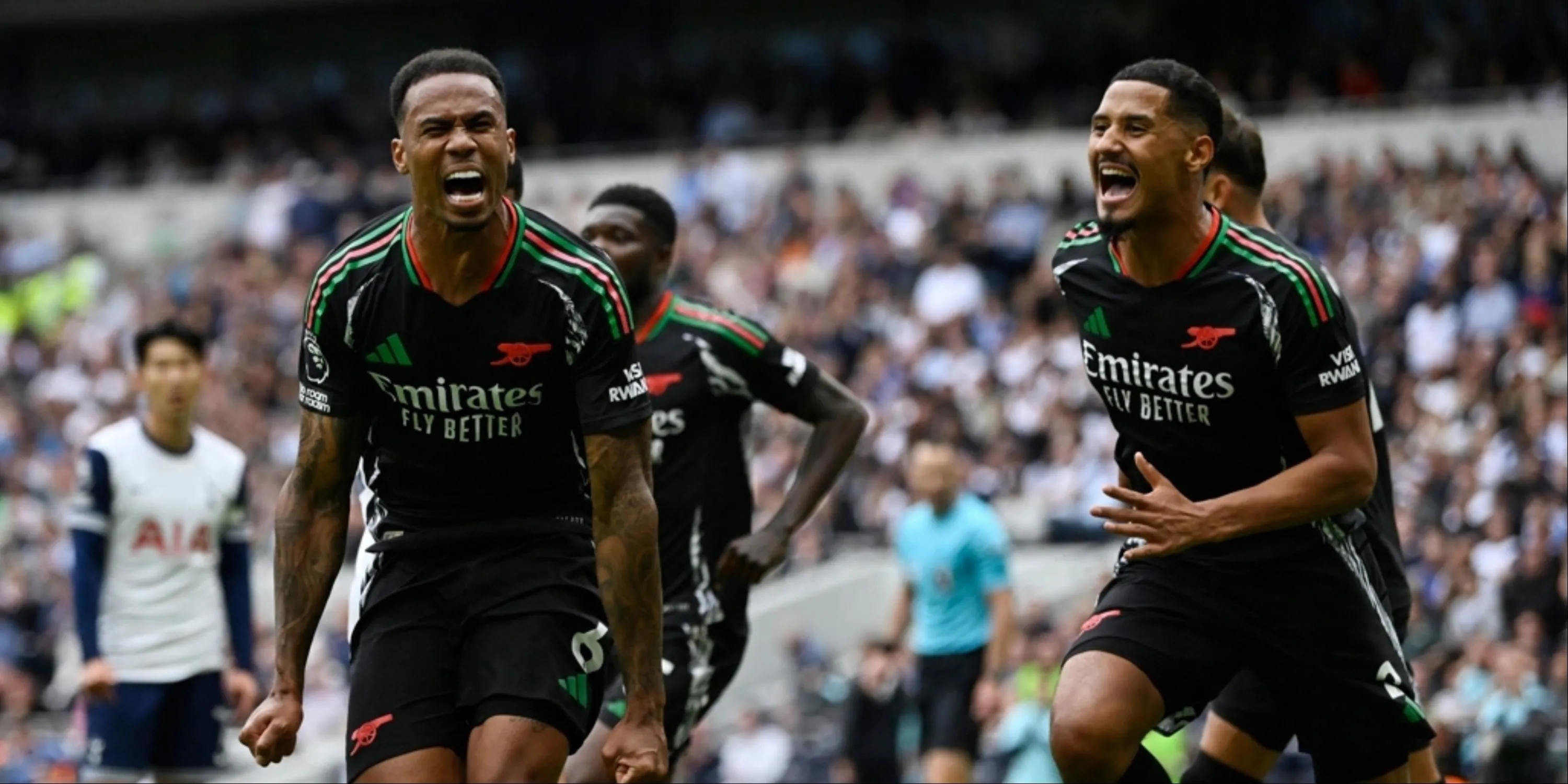 Saliba và Gabriel trong trận derby Bắc London, biểu tượng cho cặp trung vệ xuất sắc của Arsenal